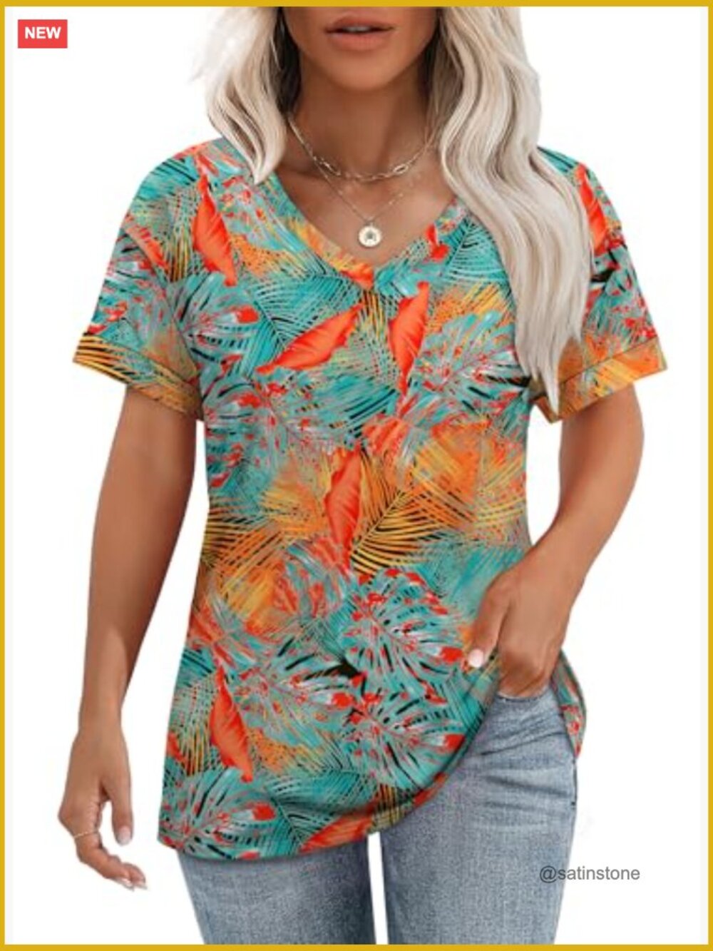 Women's V-Neck Short Sleeve T-Shirt Loose Fit Floral Blouse - Picture 2 of 6